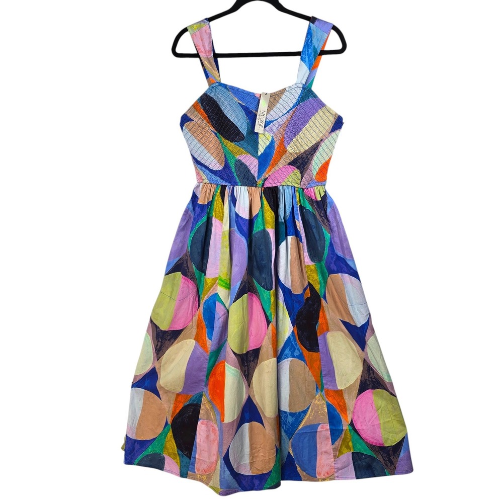 NIC+ZOE Women Cocial Circles Midi Dress XL Multi Abstract Smocked Pockets‎ NEW